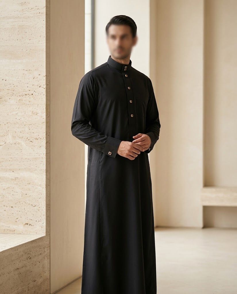 Qamis Nurayn noir à col mao porté